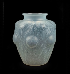 LALIQUE&nbsp;French Art Deco frosted glass vase with remains of blue grey staining, stamped "R. Lalique", ​​​​​​​21cm high