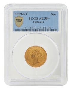 32 · 1859 Sydney Mint Sovereign, Type II, PCGS AU58+.