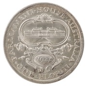 George V, 1927 Canberra. Three full steps visible in Parliament House, Uncirculated.