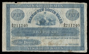 PRIVATE ISSUE BANKNOTE: BANK of NEW SOUTH WALES, FIVE POUND £5 (MVR7c), Sydney, 1st April 1882, AA 211240; old stains and tiny portion missing from top margin, VG/VF.