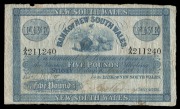 PRIVATE ISSUE BANKNOTE:&nbsp;BANK of NEW SOUTH WALES, FIVE POUND &pound;5 (MVR7c), Sydney, 1st April 1882, AA 211240; old stains and tiny portion missing from top margin, VG/VF.&nbsp;