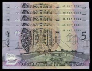 FIVE DOLLARS, Fraser/Cole (1992) Last Prefix AB19712343/47 (R.214L) five consecutive notes. Uncirculated. (5).