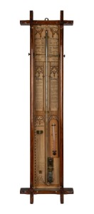 An antique English ADMIRAL FITZROY'S BAROMETER in cruciform oak case with spirit thermometer and storm tube, 19th century, 105cm high