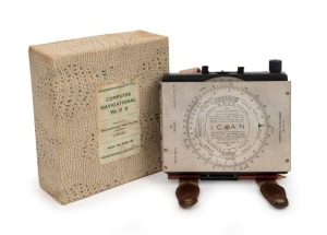 RAAF Mk. III D manual operation aircraft navigation computer [#3607] in original box, c. 1940s, with straps for wearing on pilot's leg. Manufactured in Melbourne by White & Gillespie.