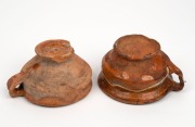 An antique Dutch pottery cup with trailing slip glaze; together with a similar undecorated example, 17th century, (2 items) the larger 6.5cm high, 12.5cm wide - 2