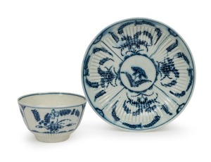 DR. WALL WORCESTER "Immortal" pattern antique English blue and white porcelain tea bowl and saucer, 18th century, blue crescent mark to the bases. McIlwraith Collection labels affixed. The saucer 13.5cm diameter