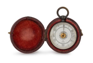 An antique pocket hygrometer in original leather case, 19th century, 5.5cm high including bow