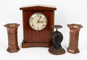 An antique American mantle clock in Australian blackwood case with retailer's label "Duff, Australian Made"; together with a set of antique postal scales and an interesting pair of solid copper mantle vases, 19th and early 20th century, (4 items), the clo
