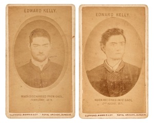 EDWARD (NED) KELLY CARTES-DE-VISITE, A pair of cartes-de-visite produced by Clifford, Morris & Co., Royal Arcade, Dunedin, the first depicting the sixteen year-old "EDWARD KELLY, WHEN RECEIVED INTO GAOL. 2ND AUGUST, 1871" and the second titled "EDWARD KELLY, WHEN DISCHARGED FROM GAOL. FEBRUARY, 1874".