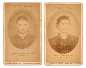 EDWARD (NED) KELLY CARTES-DE-VISITE, A pair of cartes-de-visite produced by Clifford, Morris & Co., Royal Arcade, Dunedin, the first depicting the sixteen year-old "EDWARD KELLY, WHEN RECEIVED INTO GAOL. 2ND AUGUST, 1871" and the second titled "EDWARD KEL