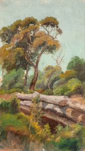 HORANCE TRENERRY (1899-1958), (landscape with fallen logs), oil on artist's card, signed lower right "H. Trenerry", Cyrils framing label verso plus Lidums Art Gallery label, ​​​​​​​22 x 12.5cm, 45 x 28cm overall