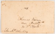 TASMANIAN CONVICT PHOTOGRAPH: A carte-de-visite, annotated verso: "108. Thomas Wilson alias Murphy. per "Dd Clark". Taken at Port Arthur 1874." Thomas WILSON was convicted at Carnarvonshire on 1 Aug 1840 for breaking into a dwelling and stealing. Gaol Re - 2