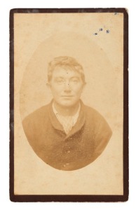 TASMANIAN CONVICT PHOTOGRAPH: A carte-de-visite, annotated verso: "Percy Westaway, Launceston." Westaway, a native born 28 year old engine driver and miner, was found guilty of larceny at the Supreme Court Launceston on 27th March 1890. He was imprisoned for 3 years. The record shows that he was imprisoned for larceny again in December 1916.