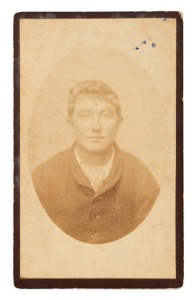 TASMANIAN CONVICT PHOTOGRAPH: A carte-de-visite, annotated verso: "Percy Westaway, Launceston." Westaway, a native born 28 year old engine driver and miner, was found guilty of larceny at the Supreme Court Launceston on 27th March 1890. He was imprisoned