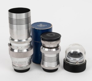 ISCO: Three lenses - one Westanar 135mm f3.5 with lens hood, one Isconar 100mm f4.5 in maker's box with front and rear caps, and one Westron 35mm f3.5 in plastic case. (3 items)