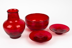 WHITEFRIARS English ruby red glass bowl, pair of dishes with blue foil Whitefriars export label and a textured vase, mid 20th century, (4 items), the vase 21cm diameter