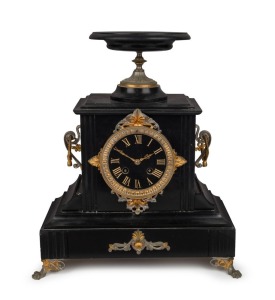 An antique French mantle clock in black slate case with gilt and silvered mounts, eight day time and bell striking movement with outside count wheel, 19th century, 37cm high