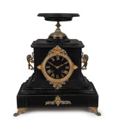 An antique French mantle clock in black slate case with gilt and silvered mounts, eight day time and bell striking movement with outside count wheel, 19th century, ​​​​​​​37cm high