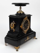 An antique French mantle clock in black slate case with gilt and silvered mounts, eight day time and bell striking movement with outside count wheel, 19th century, ​​​​​​​37cm high - 2