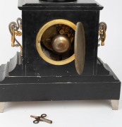 An antique French mantle clock in black slate case with gilt and silvered mounts, eight day time and bell striking movement with outside count wheel, 19th century, ​​​​​​​37cm high - 3