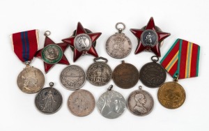 Various medals including British 1937 and 1953 Coronation medals (silver), Franz Josef bravery medals in bronze (1) and silver (2), three Soviet Union WW2 era medals mounted on red enamel stars, three Italian award medals and several others. (14 items).