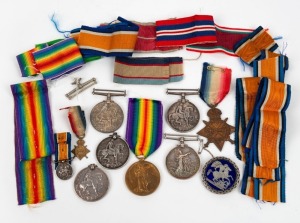 BRITISH MILITARY MEDALS including an 1899 Queen's South Africa medal, four 1914-18 British War medals, a Victory medal, two miniatures and a silver St. George slaying the dragon set in a blue enamel brooch. Together with a quantity of (apparently) associa