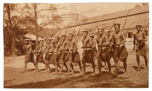 AUSTRALIA IN NEW BRITAIN, NAURU & THE SOLOMON ISLANDS DURING WW1: A large "Newlyn" photograph album containing 91 postcard-size photographs of the Australians and natives, the buildings, gatherings and activities from about 1916 onwards. Most images are annotated and include "Rabaul NB", "Easter Sports - Rabaul 1917", "Road Mending - Rabaul", "S.S. Marsina", "S.S. Morinda", "Coal Shed - Matupi", "Officer's Mess - Rabaul - Late German Club", "Kokopo Road", "Sir Samuel Pethebridge + Staff", etc.