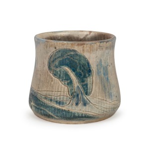 MERRIC BOYD pottery vase with hand-painted and sgraffito landscape decoration, incised "Merric Boyd, 1938", 8cm high, 9cm wide