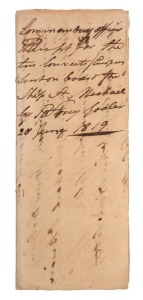 A receipt dated 25 June 1819, issued by the Chief Officer at Calcutta acknowledging receipt from "on board the Ship St. Michael....the following ten European Convicts, for New South Wales, with one pr of leg irons and one pr of Handcuffs for each, with locks and keys". Then follow the names, which include George Laurent, Thomas Pembroke and James Lee, who are all recorded arriving in VDL on 9th Nov.1819. The other names listed (James Holmes, Michael O'Brien, John Howlett, etc.)