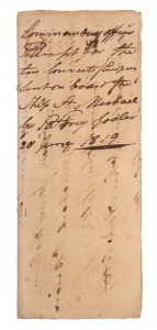 A receipt dated 25 June 1819, issued by the Chief Officer at Calcutta acknowledging receipt from "on board the Ship St. Michael....the following ten European Convicts, for New South Wales, with one pr of leg irons and one pr of Handcuffs for each, with lo