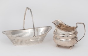 A Georgian sterling silver cream jug and an English sterling silver Chester bon-bon basket, 19th and 20th century, (2 items), the jug 9cm high, 244 grams total