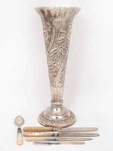 An antique silver plated trumpet vase with floral decoration; together with three sterling silver and shell handle knives, a sterling silver and shell handle jam spoon and a sterling silver and shell handle pickle fork, 19th/20th century, (6 items), the vase 32cm high