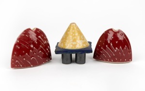 ADRIAN SAXE three studio pottery oil lamps glazed in red, yellow and blue, stamped "Saxe, 1980", the largest 8cm high