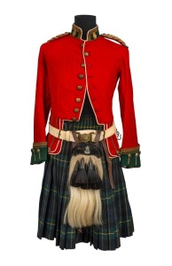 A circa 1890s Scottish Cadet Officer's tunic from Victoria. The tunic is doublet-style with collar badges, and is displayed together with a kilt (probably early 20th Century), a waistbelt of correct Slade-Wallace type, a sporran which dates to 1935 and spatts, socks, etc., from around the 1920s. Accompanied by the correct sidecap (which lacks badge). A handsome and rare exhibit.