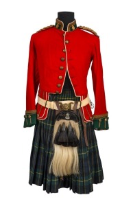 A circa 1890s Scottish Cadet Officer's tunic from Victoria. The tunic is doublet-style with collar badges, and is displayed together with a kilt (probably early 20th Century), a waistbelt of correct Slade-Wallace type, a sporran which dates to 1935 and sp