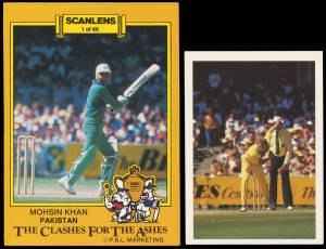 1982-86 cricket cards & stickers, including 1986 A.P.D. Snack Foods "Double Trouble" [60]; 1986 Scanlens "The Clashes for the Ashes" [66]. Mainly G/VG. (Total 1274).