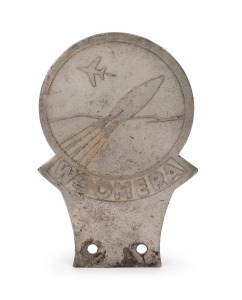 RAAF Woomera&nbsp;Range Complex car badge for official vehicles, c. 1950s, featuring depiction of rocket and jet in flight, 10.5cm high.