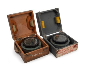 Two 1930s aircraft compasses, having belonged to either the R.A.A.F. or the British Air Ministry, both 13.5cm diameter in original 8 x 8 x 10cm wooden boxes - one Type P8 and one Type P11. (2 items)