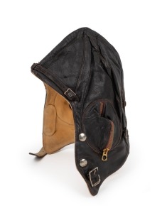 Australian-made leather flying helmet with "Stagg's Australia"&nbsp;embroidered label. These helmets are thought to&nbsp;have been employed by RAAF aircrew in Malaya c. 1941-42.