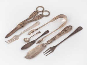 Antique sterling silver grape scissors, pate knife, sugar tongs, pickle forks, salt spoon and butter knife, 19th and 20th century, (7 items), the largest 18cm long, 208 grams (not including the knife)