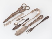 Antique sterling silver grape scissors, pate knife, sugar tongs, pickle forks, salt spoon and butter knife, 19th and 20th century, (7 items), the largest 18cm long, 208 grams (not including the knife)