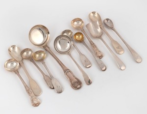 Twelve assorted antique sterling silver condiment spoons, sauce ladles, sugar spoons etc., including a pair of Irish examples, the largest 16.5cm, 278 grams total