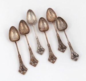 JAMES LINTON set of six silver coffee spoons with wildflower decoration, Western Australian origin, stamped "JAL. Stg. SILVER", 8.5cm long,