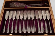 An antique silver plated fish cutlery set for twelve with engraved decoration and server, housed in a walnut canteen, 19th century, ​​​​​​​the canteen 46cm wide - 3