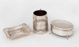 A sterling silver bon-bon dish, christening mug and oval jewellery casket, 19th and 20th century, (3 items), all bearing Chester hallmarks, the mug 7.5cm high, 165 grams total (including casket lining)