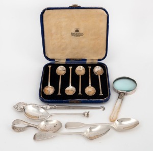 A boxed set of six English sterling silver teaspoons, a silver handled button hook, a silver and mother of pearl magnifying glass, a sterling silver seal top spoon, two antique sterling silver teaspoons and a silver plated caddy spoon, 19th and 20th century, (7 items), some bearing Chester hallmarks, silver weight 116 grams