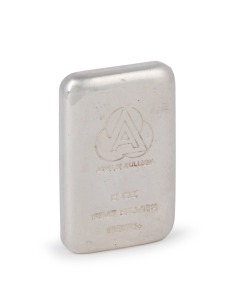 A five ounce fine silver bullion bar, stamped "Ainsley Bullion, 5oz Fine Silver, 9995"