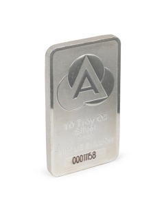 A ten troy ounce fine silver minted bullion bar, stamped "Ainsley Bullion, 10 Troy Oz. Silver, 9999" (Serial No.00011158)