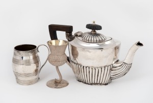 An English sterling silver teapot with timber handle and finial; together with a Georgian barrel-shaped measure and a Scottish thistle shaped whisky cup, 19th and 20th century, (3 items), the teapot 12cm high, 386 grams (including handle)