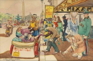 GASTON LE BEUZE, (Royal Taxi, Paris Street Scene), watercolour on paper, with pencil inscription verso, signed lower "G. Le Beuze, 1942", 29.5 x 43cm, 49 x 63cm overall